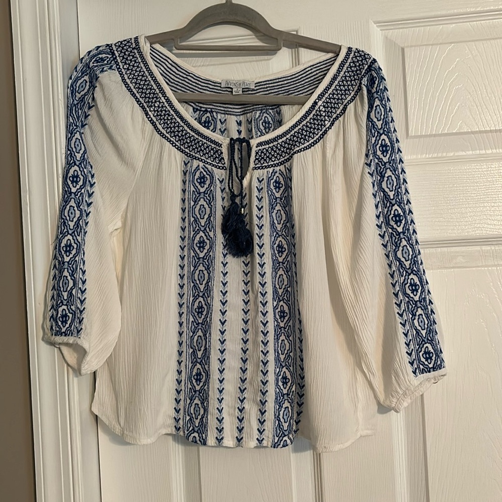 Patrons of Peace embroidered gauze top
